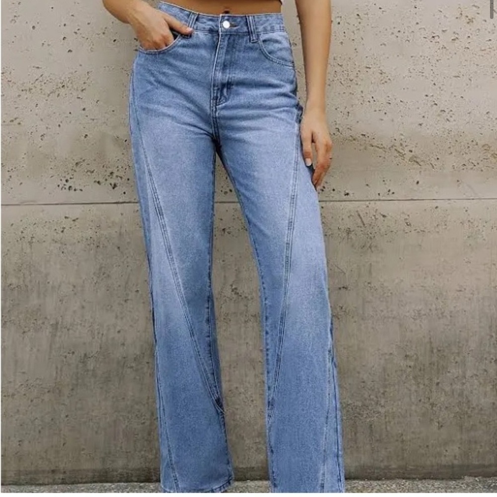 NWOT Commense Seamed Jeans Straight Leg High Rise Denim Medium Wash Blue Size S